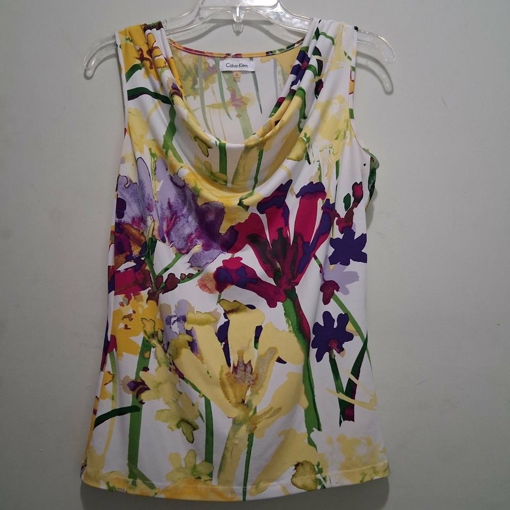 Calvin Klein Womens Small Floral Cowl Neck Sleeveless Shell Top Multicolor